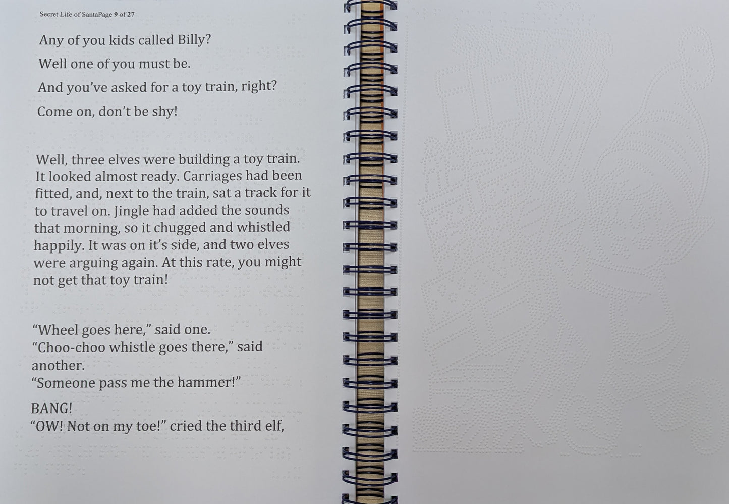 two pages from the Secret Life of Santa, braille story and picture book. One showing black large print text over a braille transcription and the other a braille image of an elf.