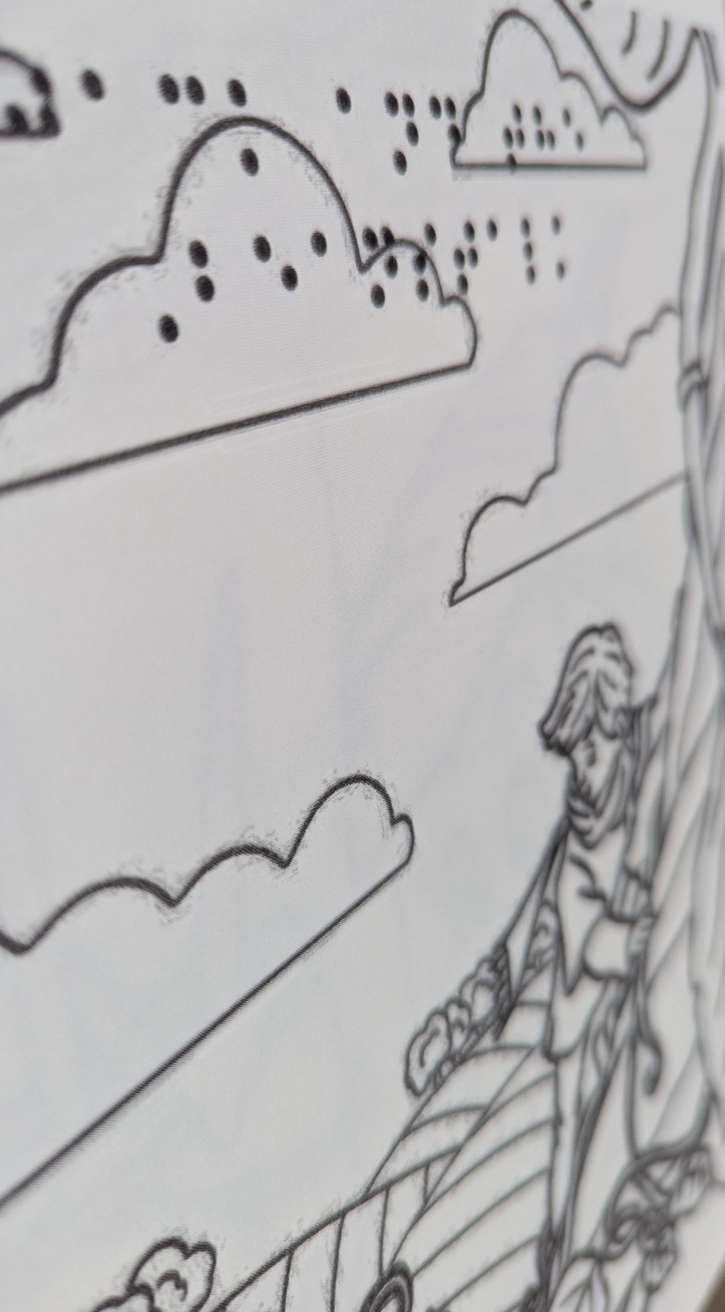 braille colouring book page displaying a tactile version of jack in the bean stalk