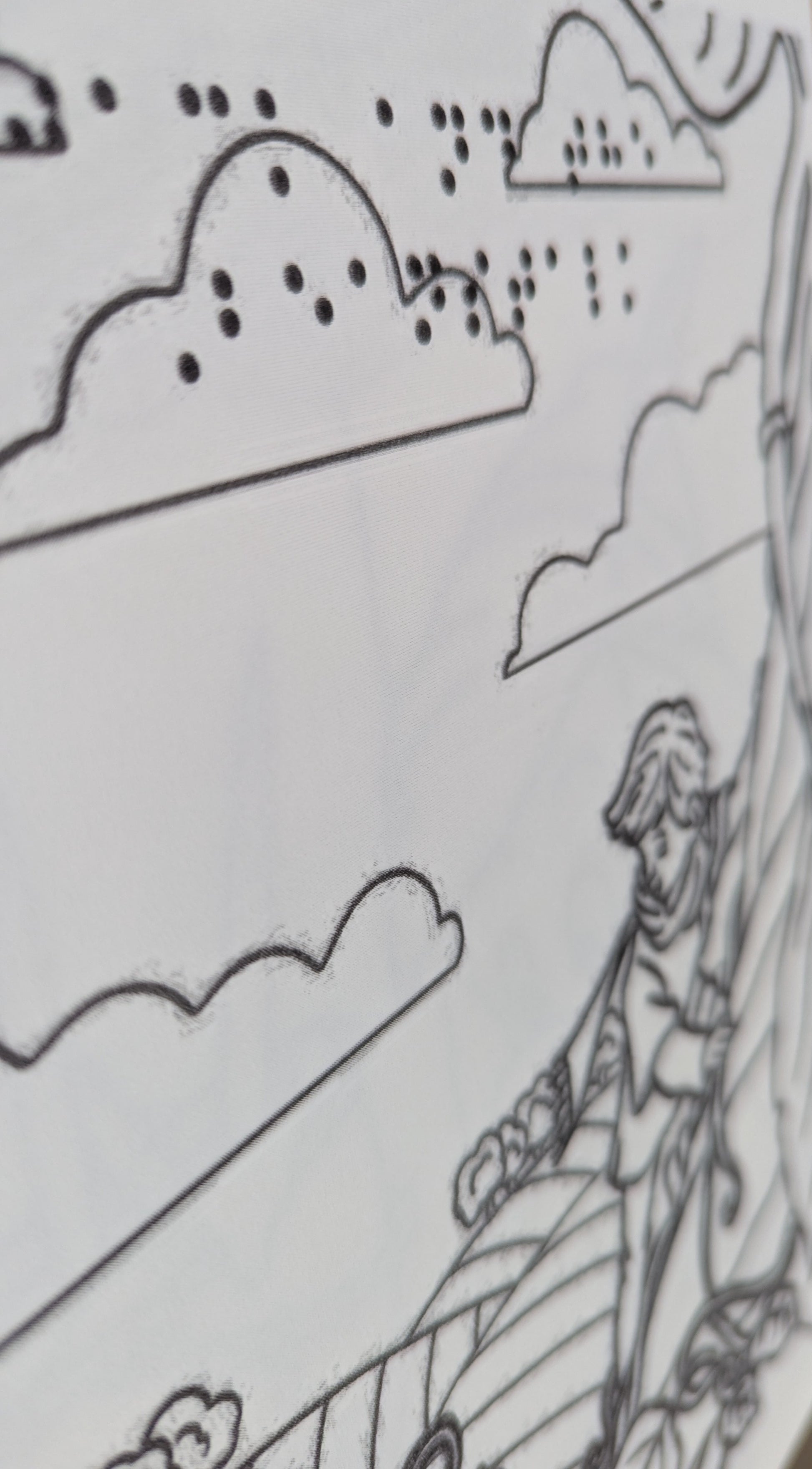 braille colouring book page displaying a tactile version of jack in the bean stalk