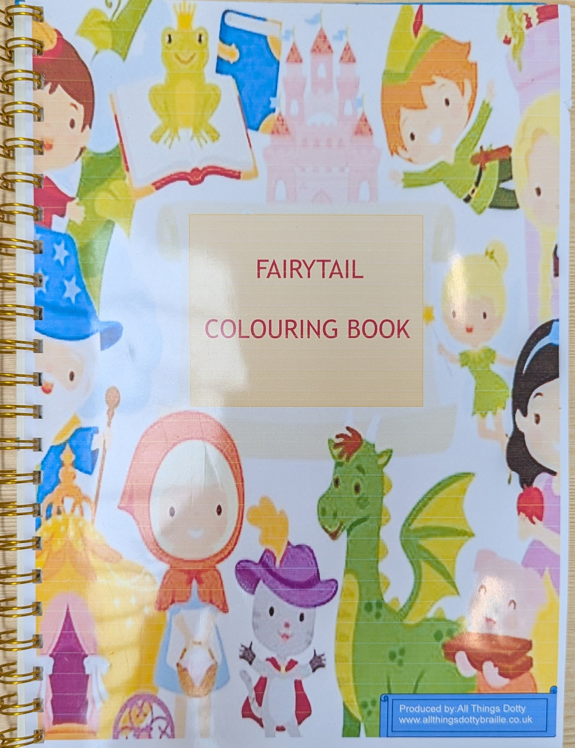 Coloring book cover with fairy tale characters and 'FAIRYTAIL COLOURING BOOK' text.