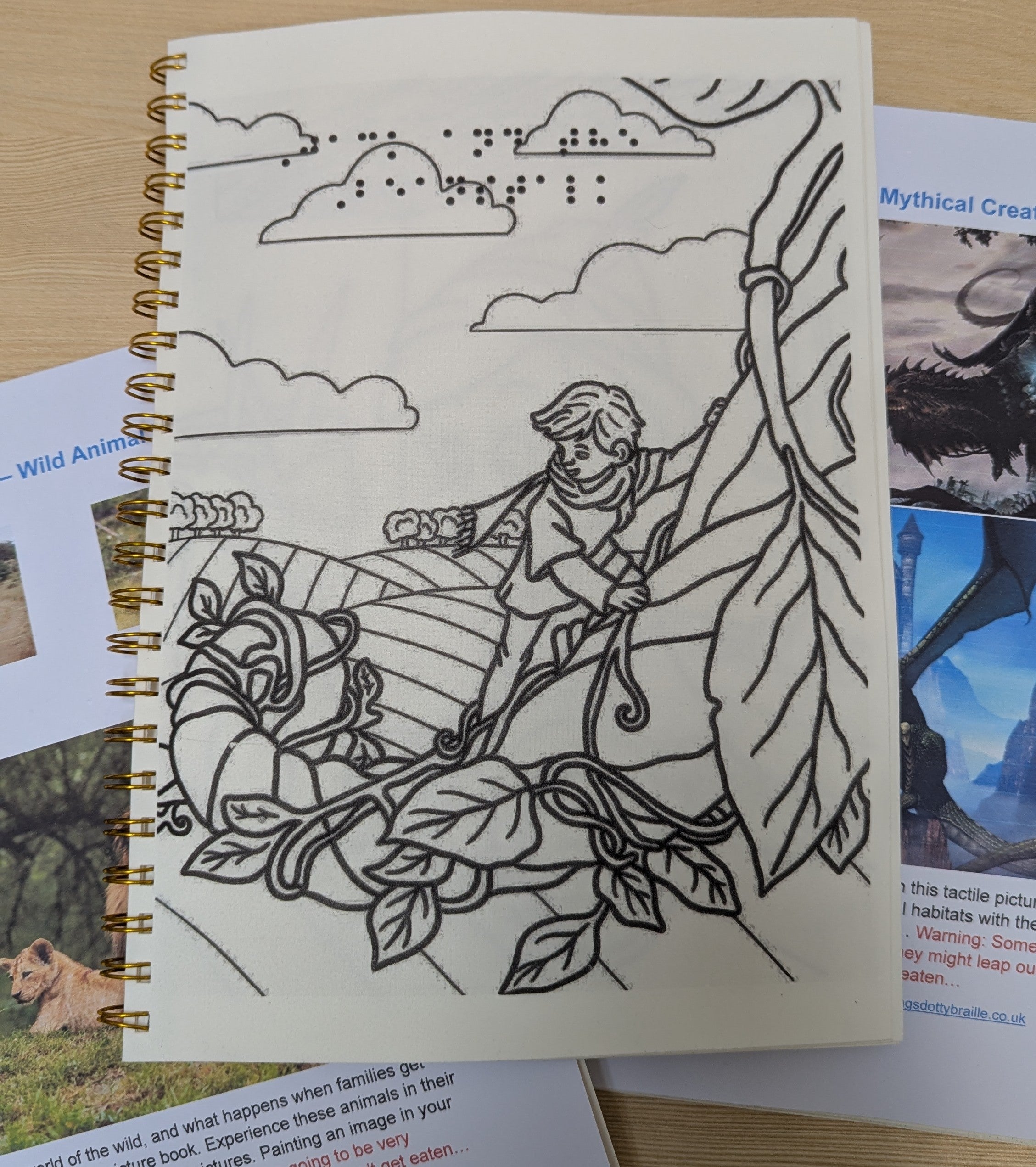 braille coloring book page with jack and bean stalk on it.