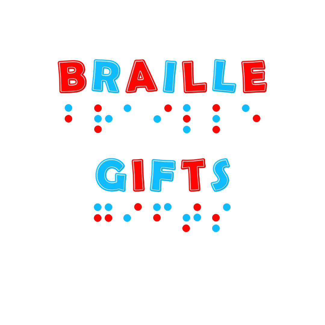 Braille Gifts logo with red and blue text and braille saying "braille gifts" coloured red and blue; on a white background