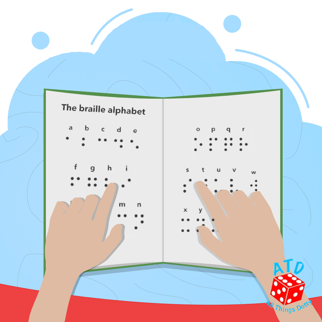 Illustration of hands reading Braille alphabet with a blue background