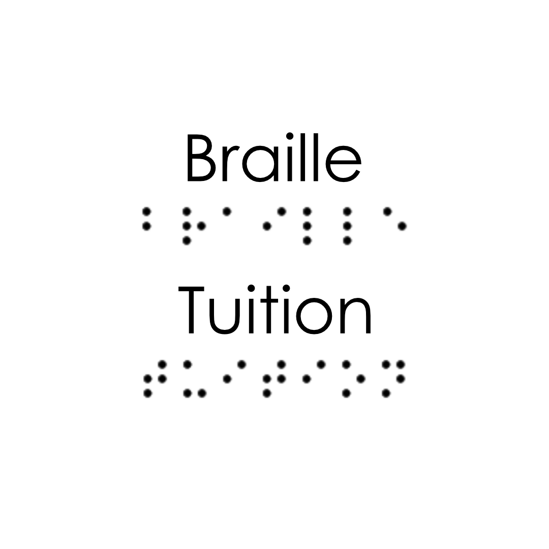 Text 'Braille Tuition' with Braille characters on a white background