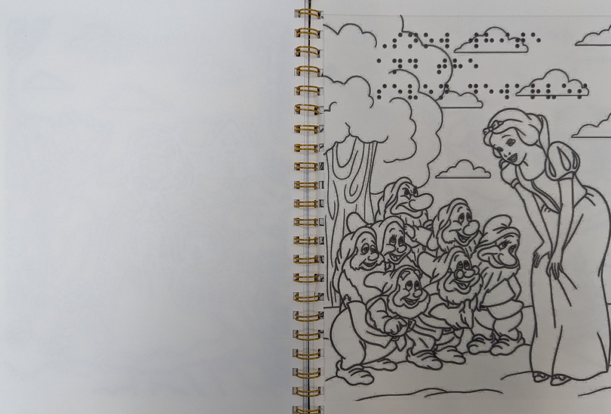 braille colouring book page of an Illustration of a woman and seven dwarfs on a spiral-bound notebook page.