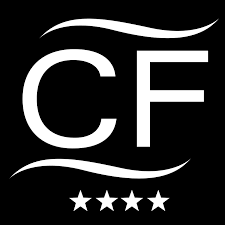 Logo for the China fleet country club; with 'CF' initials between two waves and five stars at the bottom placed on a black background