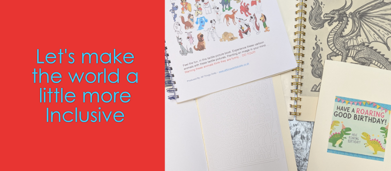 A collection of inclusive books and braille cards with illustrations and placed next to a red background with the text "Let's make the world a little more inclusive".
