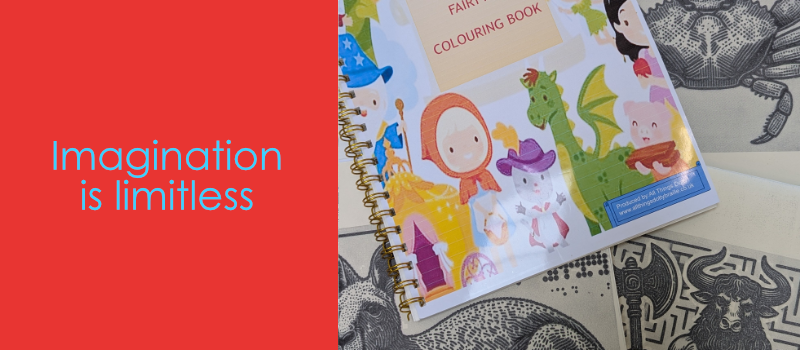 Coloring book with fairy tale illustrations on a red background with 'Imagination is limitless' text.