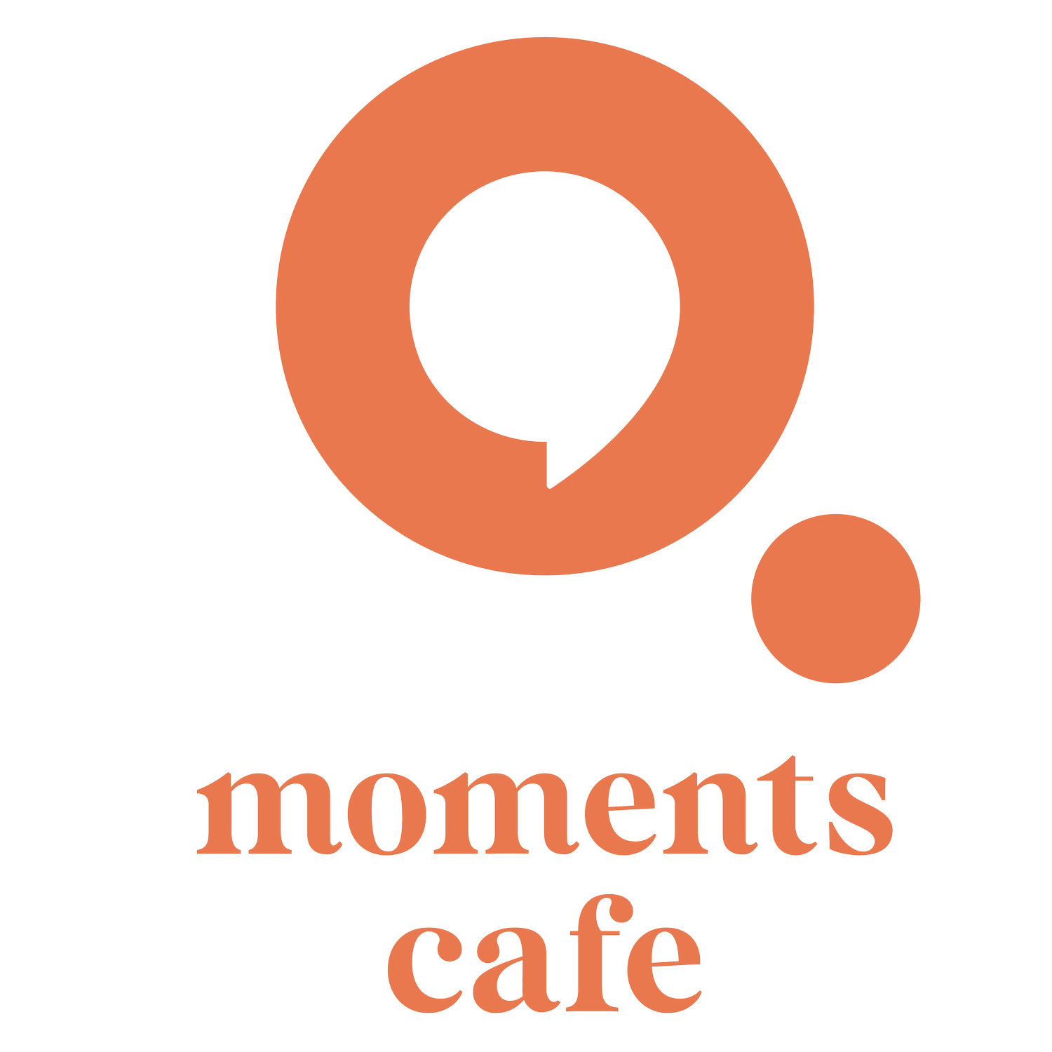Logo of moments cafe with an orange circle and text on a white background